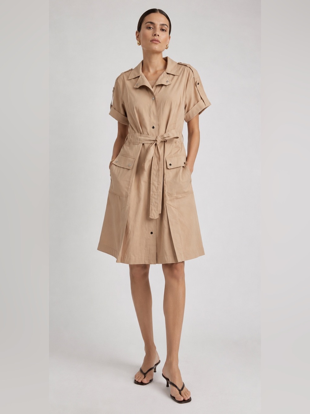 Coach Tan Khaki Utility Shirt Dress Belted Safari Pocket Dress. Size 4